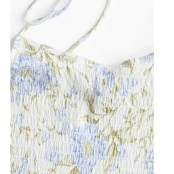 H&M Tie-Shoulder-Strap Blue Floral Smocked Cotton Midi Dress NWT - Picture 4 of 7